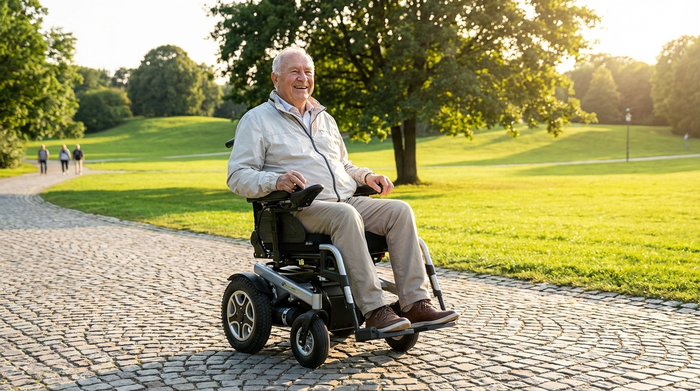 Ein rüstiger Senior fährt an einem sonnigen Tag mit seinem modernen Elektrorollstuhl über einen gepflasterten Weg in einem Park. Er trägt eine leichte Jacke und lächelt zufrieden. Im Hintergrund sind grüne Bäume und ein flaches Hügelland zu erkennen.