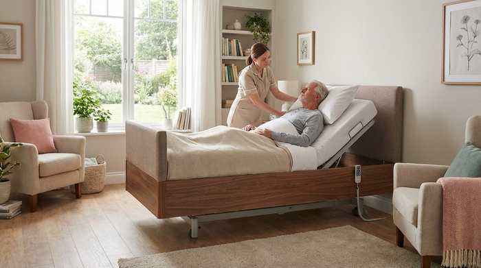 Ein wohnlich eingerichtetes Schlafzimmer mit einem modernen, höhenverstellbaren Pflegebett in warmer Holzoptik. Das Kopfteil ist leicht aufgerichtet. Eine Pflegekraft richtet behutsam das Kissen für einen ruhenden älteren Herrn, der entspannt aus dem Fenster blickt.