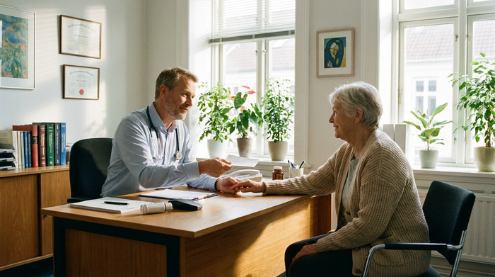 Ein empathischer Hausarzt in einem hellen Sprechzimmer überreicht einer älteren Patientin ein Rezept. Beide sitzen sich an einem aufgeräumten Schreibtisch gegenüber. Die Patientin nickt verständnisvoll und wirkt erleichtert.