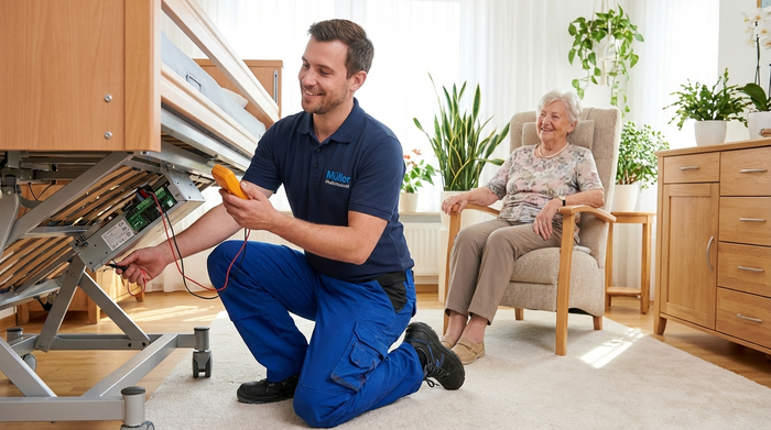 Ein freundlicher Servicetechniker in Arbeitskleidung kniet im Wohnzimmer eines Kunden und überprüft mit einem Werkzeug die Elektronik an der Unterseite eines Pflegebettes. Der Raum ist sauber und gut beleuchtet, die Atmosphäre ist vertrauensvoll.