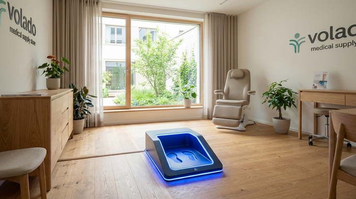 Ein moderner, sauberer Behandlungsraum in einem Sanitätshaus. Ein leuchtender 3D-Fußscanner steht auf dem hellen Holzboden, weiches Tageslicht fällt durch ein großes Fenster. Eine ruhige, professionelle und einladende Atmosphäre.