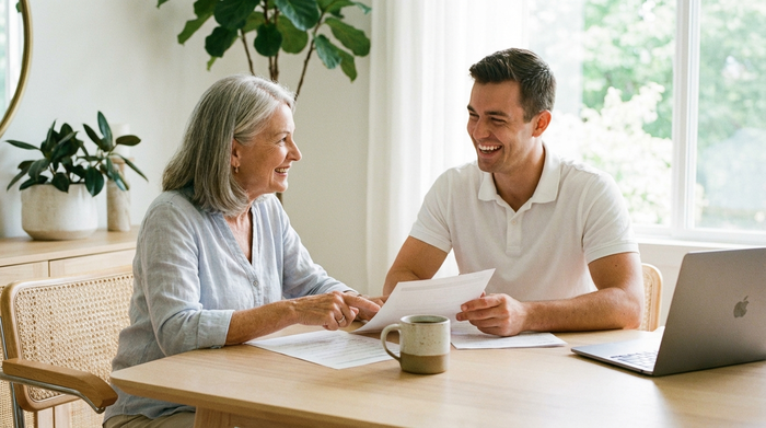 Eine freundliche Beratungssituation an einem hellen Holztisch. Eine ältere Dame und ein lächelnder Berater in einem weißen Poloshirt besprechen entspannt Dokumente. Eine Tasse Kaffee steht auf dem Tisch.