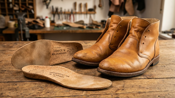 Ein Paar bequeme, stilvolle Straßenschuhe aus weichem Leder stehen auf einem Holzboden. Daneben liegt eine hochwertige, maßgefertigte orthopädische Einlage mit einer Kork-Unterseite. Fokus auf handwerkliche Qualität und Komfort.