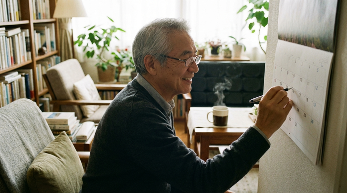 Ein älterer Herr sitzt entspannt in seinem hellen Wohnzimmer und markiert mit einem Stift ein Datum in einem Wandkalender. Im Hintergrund steht eine Tasse Kaffee auf einem Holztisch. Warme, ruhige Atmosphäre, realistische Szene ohne lesbaren Text.