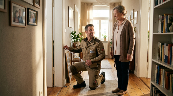 Ein freundlicher Techniker in gepflegter Arbeitskleidung kniet im Flur einer gemütlichen Wohnung und misst mit einem Maßband die Breite eines Türrahmens. Eine ältere Dame steht lächelnd daneben. Helles Tageslicht, professionelle und empathische Szene.