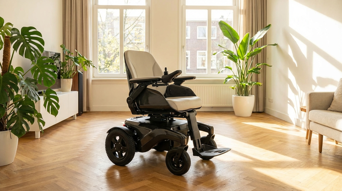 Ein moderner, eleganter Elektrorollstuhl steht einsatzbereit in einem sonnendurchfluteten, barrierefreien Wohnzimmer mit stilvollem Parkettboden. Grüne Zimmerpflanzen und große Fenster im Hintergrund schaffen eine einladende, positive Wohnatmosphäre.