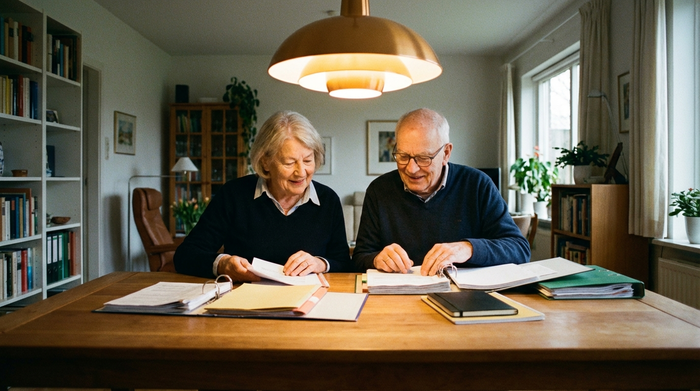 Ein älteres Ehepaar sitzt gemeinsam an einem großen Esstisch und ordnet konzentriert, aber entspannt verschiedene Papiere in Aktenordner ein. Eine warme Lampe beleuchtet die Szene, aufgeräumtes und strukturiertes Umfeld ohne erkennbaren Text.