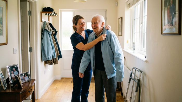 Eine aufmerksame Pflegekraft hilft einem älteren Herrn beim Anziehen einer leichten Jacke im Flur einer gepflegten Wohnung. Helles Tageslicht, freundliche Gesichter, realistische Alltagssituation der häuslichen Pflege.