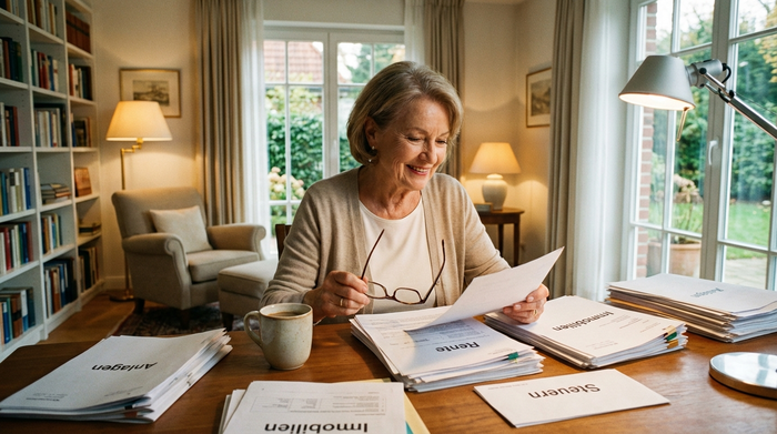 Eine ältere Frau sitzt am Schreibtisch und sortiert mit einem Lächeln verschiedene Dokumente. Eine Tasse Kaffee steht daneben. Warme Beleuchtung, aufgeräumtes Zimmer, vermittelt finanzielle Sicherheit und Organisation.