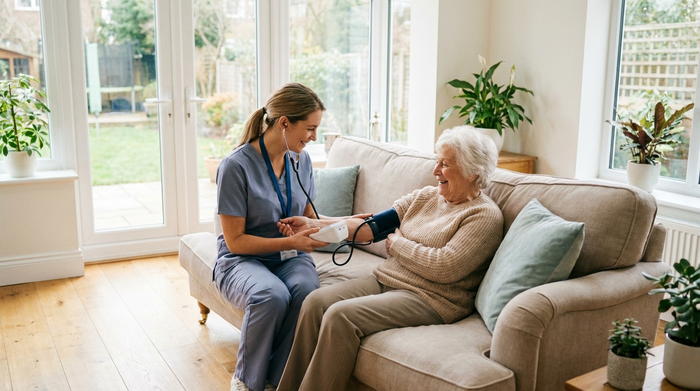 Eine medizinische Fachkraft misst schonend den Blutdruck einer Seniorin, die entspannt auf einem bequemen Sofa sitzt. Helle, saubere Umgebung, vertrauensvolles Verhältnis, professionelle medizinische Versorgung zu Hause.