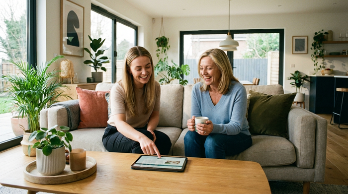 Zwei Frauen, eine jüngere Pflegeberaterin und eine Tochter, sitzen gemeinsam auf einer Couch und besprechen entspannt ein Anliegen. Ein Tablet liegt auf dem Tisch. Freundliche, beratende Atmosphäre in einem modernen Wohnzimmer.