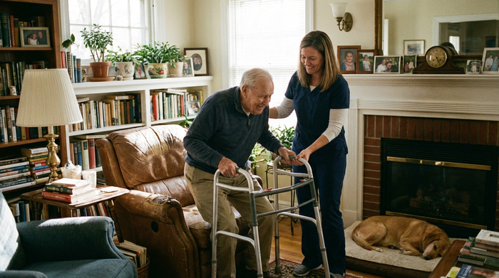 Eine fürsorgliche Pflegekraft hilft einem älteren Herrn behutsam beim Aufstehen aus einem bequemen Sessel in einem gemütlichen Wohnzimmer.