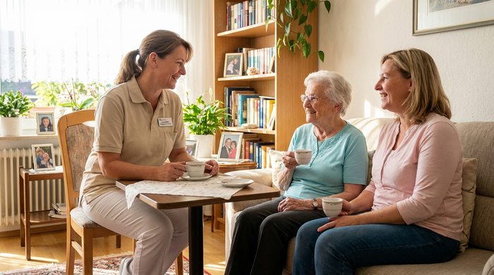 Eine engagierte Pflegedienstleitung spricht auf Augenhöhe mit einer älteren Frau und ihrer Tochter im heimischen Wohnzimmer, alle lächeln entspannt bei einer Tasse Kaffee.