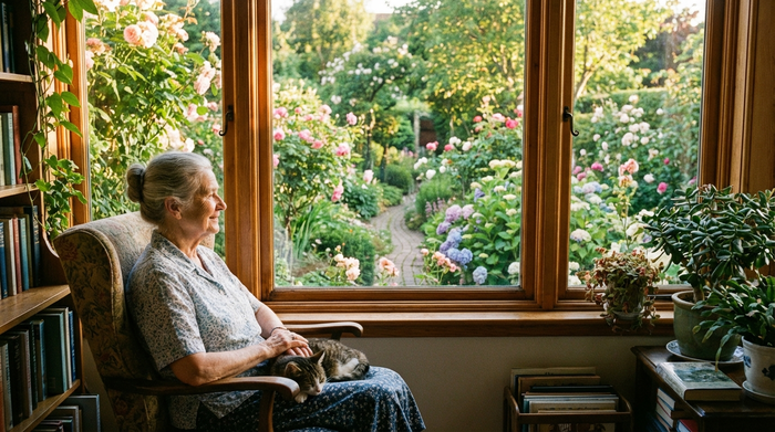 Eine ältere Frau sitzt entspannt am Fenster und blickt zufrieden in ihren gepflegten Garten, beleuchtet von warmem Nachmittagslicht.