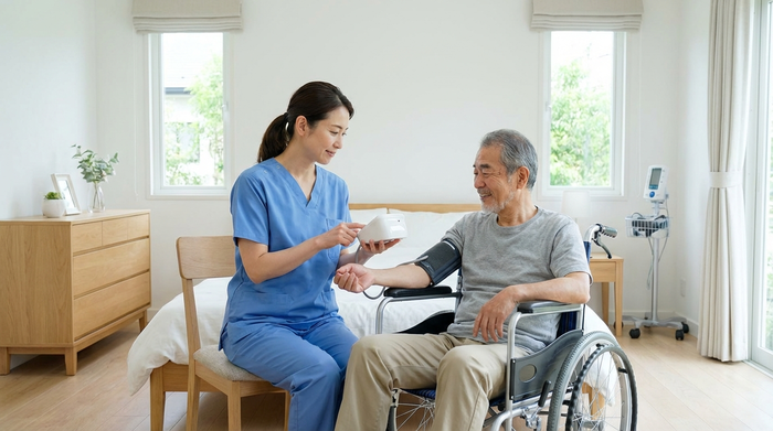 Eine professionelle Pflegekraft in sauberer, blauer Arbeitskleidung misst bei einem älteren Herrn im Rollstuhl schonend den Blutdruck. Helles, aufgeräumtes Schlafzimmer, medizinische Kompetenz ausstrahlend.