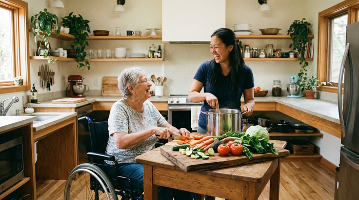 Eine ältere Frau und ihre Betreuerin kochen gemeinsam in einer gemütlichen, barrierefreien Küche. Frisches Gemüse liegt auf dem Holzbrett. Beide lachen und wirken sehr vertraut.