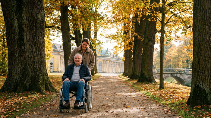 Ein entspannter Spaziergang in einem herbstlichen Park in Potsdam. Eine Betreuerin schiebt behutsam einen Rollstuhl mit einem lächelnden Senior über einen von alten Bäumen gesäumten Weg.