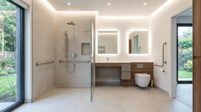 Ein modern umgebautes, barrierefreies Badezimmer mit einer bodengleichen Dusche, eleganten Haltegriffen und rutschfesten Fliesen. Helle, freundliche Beleuchtung und makellose Sauberkeit.