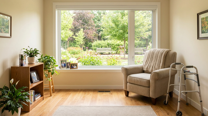 Ein helles, freundliches Zimmer in einer modernen Seniorenresidenz mit einem gemütlichen Sessel, Holzboden und einem großen Fenster mit Blick auf einen grünen Garten. Realistische, saubere und einladende Umgebung.