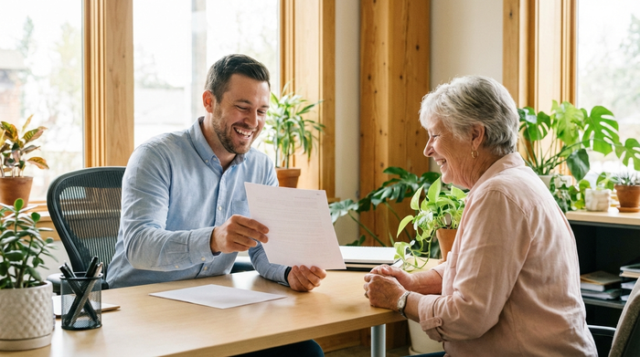 Ein lächelnder Berater am Schreibtisch reicht einer älteren Dame ein wichtiges Dokument. Helles Büro, entspannte und vertrauensvolle Stimmung, keine sichtbaren Texte auf den Papieren.