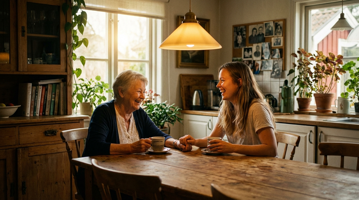Eine ältere Frau sitzt mit ihrer erwachsenen Tochter an einem Holztisch in der Küche, sie trinken Kaffee und unterhalten sich harmonisch. Warme Beleuchtung, familiäre und liebevolle Atmosphäre.