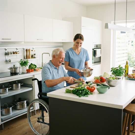 Eine aufmerksame Betreuungskraft hilft einem lächelnden Senior beim Zubereiten eines frischen Salats in einer modernen, barrierefreien Küche. Helle, freundliche und aktive Szene.