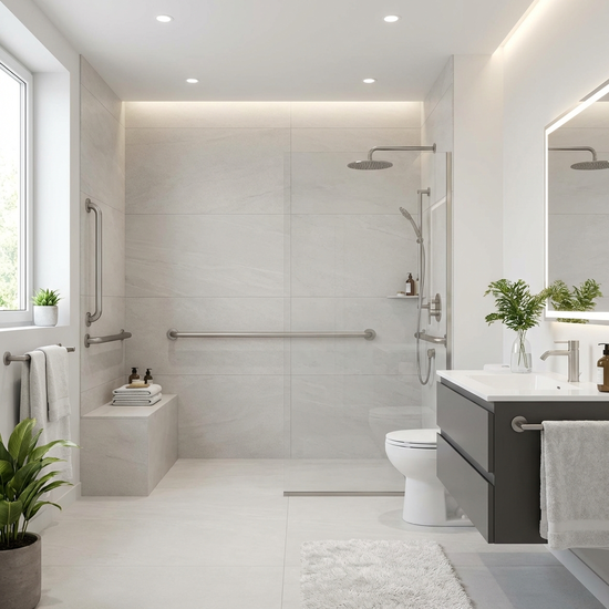 Ein modern renoviertes, barrierefreies Badezimmer mit einer großzügigen, bodengleichen Dusche und eleganten Haltegriffen. Stilvoll, makellos sauber und sehr gut ausgeleuchtet.