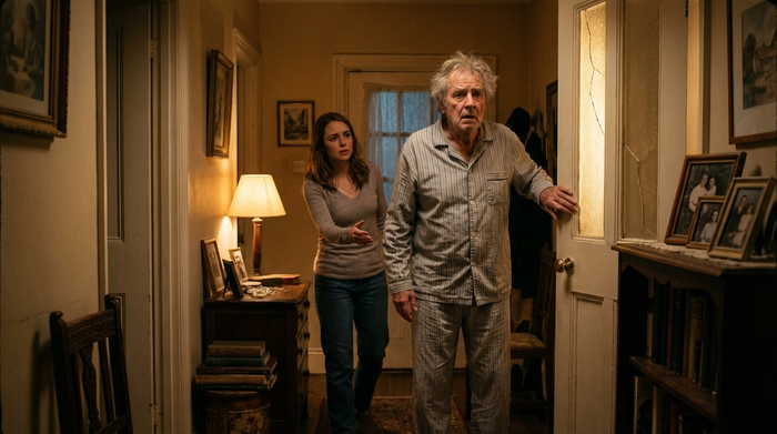 Ein älterer Mann mit grauem Haar steht nachts leicht desorientiert im Flur eines gemütlichen Hauses, während eine besorgte jüngere Frau im Hintergrund sanft auf ihn zukommt. Die Beleuchtung ist gedimmt und strahlt eine ruhige, aber emotionale Atmosphäre aus.
