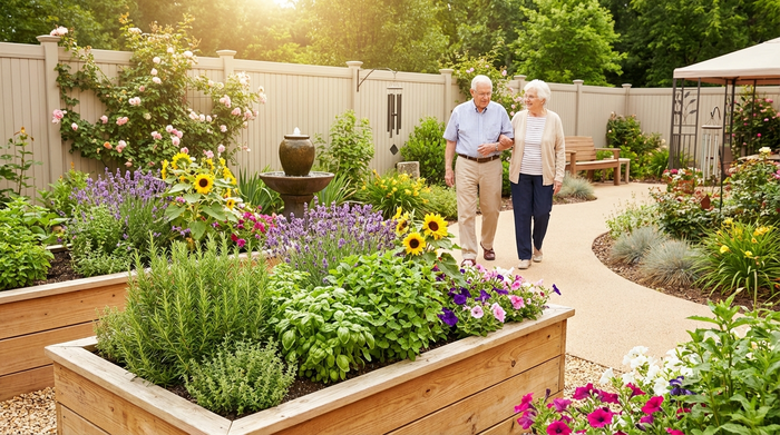 Ein sicherer, heller Demenzgarten mit einem sanft geschwungenen, barrierefreien Spazierweg. Ein älteres Ehepaar spaziert gemütlich Arm in Arm durch den Garten. Im Vordergrund sind rollstuhlgerechte Hochbeete mit frischen Kräutern und bunten Blumen zu sehen.