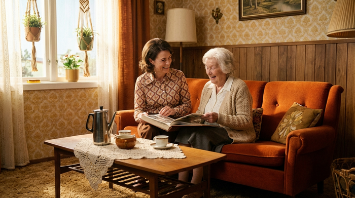 Eine einfühlsame Szene in einem gemütlichen Raum im Retro-Stil der 1970er Jahre. Eine freundliche Pflegerin und eine ältere Dame betrachten gemeinsam ein altes Fotoalbum. Beide lächeln glücklich. Auf dem Tisch steht eine nostalgische Kaffeekanne.