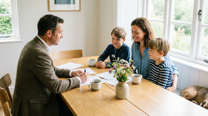 Ein seriöser Berater sitzt mit einer Familie an einem hellen Holztisch und bespricht Dokumente. Die Atmosphäre ist vertrauensvoll und entspannt. Auf dem Tisch stehen Kaffeetassen und ein kleiner Blumenstrauß. Natürliches Tageslicht fällt durch das Fenster.