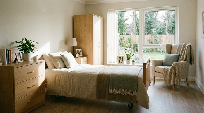 Ein modernes, gemütliches Pflegezimmer mit einem frisch gemachten Bett, hellen Holzmöbeln und einem Sessel am Fenster, einladend und sauber, realistische Fotografie ohne Text.