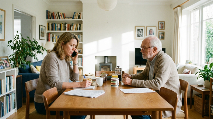 Eine Tochter sitzt mit ihrem älteren Vater am Esstisch und telefoniert engagiert, während sie sich Notizen macht. Helles Wohnzimmer, fokussierte Stimmung, realistische Szene ohne Text.