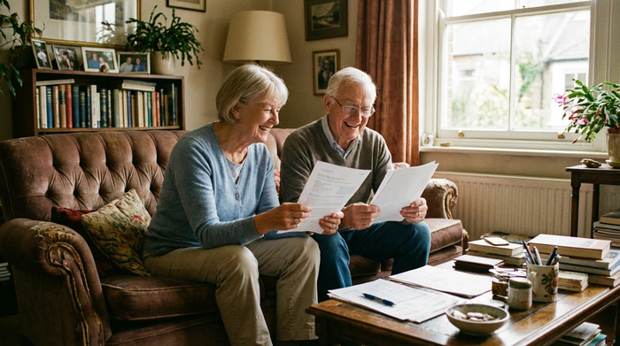 Ein älteres Ehepaar sitzt erleichtert zusammen auf einem Sofa und betrachtet lächelnd einige Dokumente. Warmes Licht, entspannte und hoffnungsvolle Atmosphäre, realistische Fotografie.