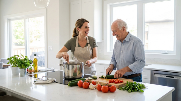 Eine freundliche Betreuerin kocht gemeinsam mit einem lächelnden Senior in einer sauberen, modernen Küche. Frisches Gemüse auf dem Tisch, harmonisches Miteinander, realistische Szene.