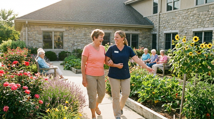 Eine Angehörige besichtigt gemeinsam mit einer freundlichen Pflegedienstleitung den sonnigen Gemeinschaftsgarten einer Pflegeeinrichtung. Gepflegte Anlage, positive Ausstrahlung, realistische Fotografie.