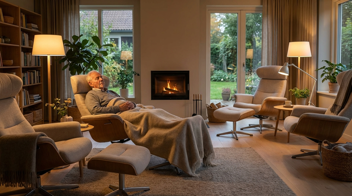Ein gemütlicher Ruheraum für Senioren mit bequemen, modernen Ruhesesseln. Ein älterer Herr ruht sich friedlich aus, zugedeckt mit einer weichen Decke. Sanftes, gedimmtes Licht sorgt für eine entspannte Stimmung.