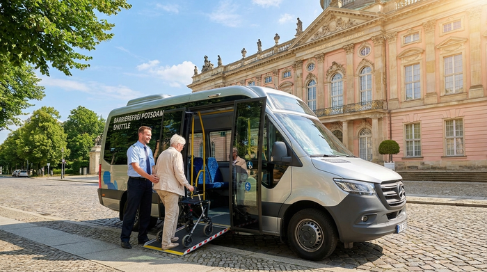 Ein moderner, barrierefreier Kleinbus parkt vor einem schönen Potsdamer Altbau. Ein freundlicher Fahrer hilft einer älteren Dame behutsam beim Einsteigen. Sonniges Wetter, saubere Straße, grüne Bäume im Hintergrund.