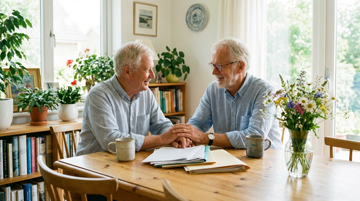 Ein älteres Ehepaar sitzt am heimischen Esstisch und bespricht entspannt Papiere. Beide lächeln erleichtert. Auf dem Tisch stehen Kaffeetassen und frische Blumen. Helle, freundliche Wohnatmosphäre.