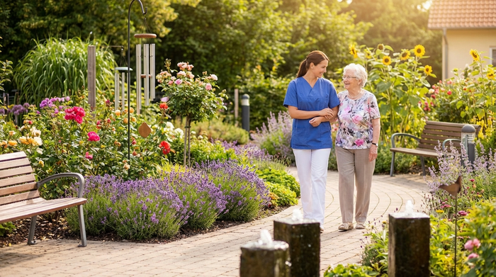 Eine fürsorgliche Pflegekraft und eine lächelnde Seniorin spazieren an einem sonnigen Tag durch einen liebevoll angelegten Sinnesgarten. Bunte Blumenbeete und gepflegte Wege laden zum Verweilen ein.