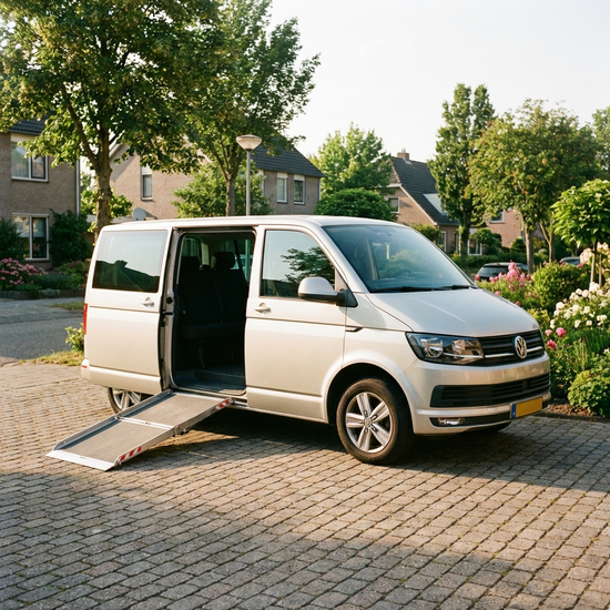 Ein geräumiger, heller Kleinbus mit geöffneter Seitentür auf einer gepflasterten Auffahrt. Eine hydraulische Rollstuhlrampe ist sicher ausgefahren. Ruhige, sonnige Vorstadtatmosphäre ohne sichtbaren Text.