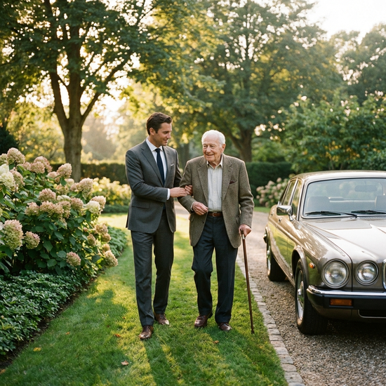 Ein einfühlsamer Fahrer in gepflegter Kleidung stützt einen älteren Herrn sanft am Arm, während sie gemeinsam einen gepflegten Gartenweg zum Fahrzeug gehen. Warme, vertrauensvolle Stimmung.