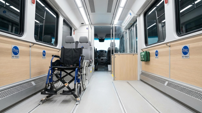 Innenansicht eines modernen Transportfahrzeugs. Ein Rollstuhl ist mit einem sicheren 4-Punkt-Gurtsystem professionell im Boden verankert. Sauberer, heller Innenraum, Fokus auf Sicherheitstechnik.