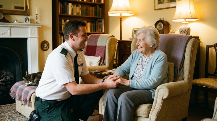 Ein geduldiger Fahrer hockt auf Augenhöhe vor einer sitzenden älteren Dame, hält sanft ihre Hände und lächelt beruhigend. Gemütliches, warmes Wohnzimmer im Hintergrund, entspannte Atmosphäre.
