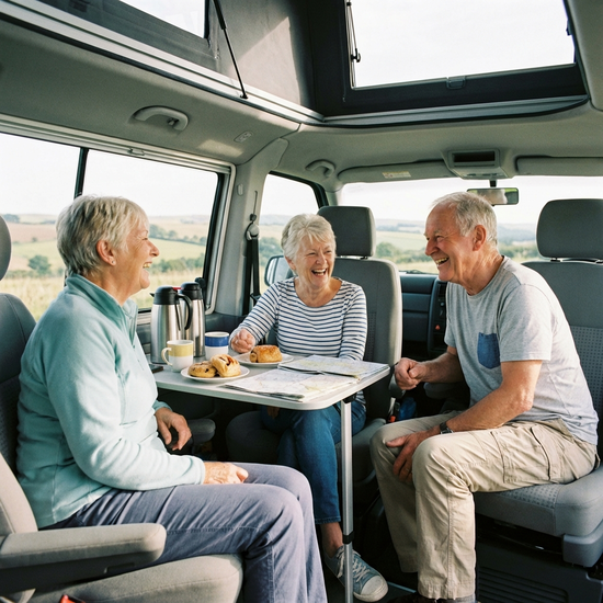 Drei fröhliche Senioren sitzen bequem in den Sitzen eines hellen Kleinbusses und unterhalten sich angeregt. Durch die großen Fenster fällt weiches Morgenlicht. Entspannte, gesellige Stimmung.