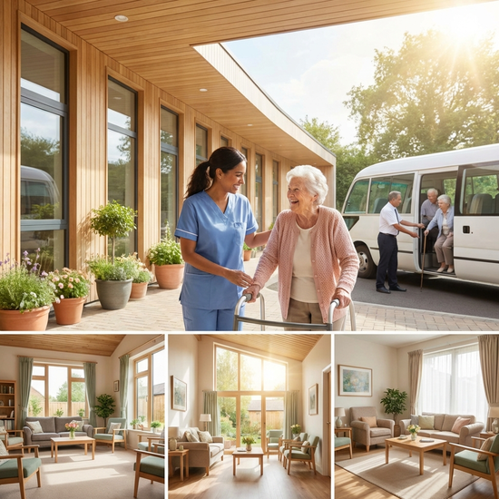 Eine Pflegekraft empfängt eine lächelnde Seniorin am Eingang einer freundlich eingerichteten Tagespflege-Einrichtung. Der Fahrer steht im Hintergrund am Bus. Helle, einladende Architektur.