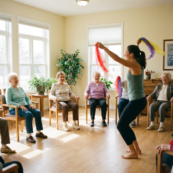 Senioren bei der gemeinsamen Sitzgymnastik in einem hellen, freundlichen Raum. Eine motivierte Therapeutin macht leichte Übungen mit bunten Tüchern vor. Fröhliche Gesichter, realistische Szene, natürliche Beleuchtung, ohne Text.