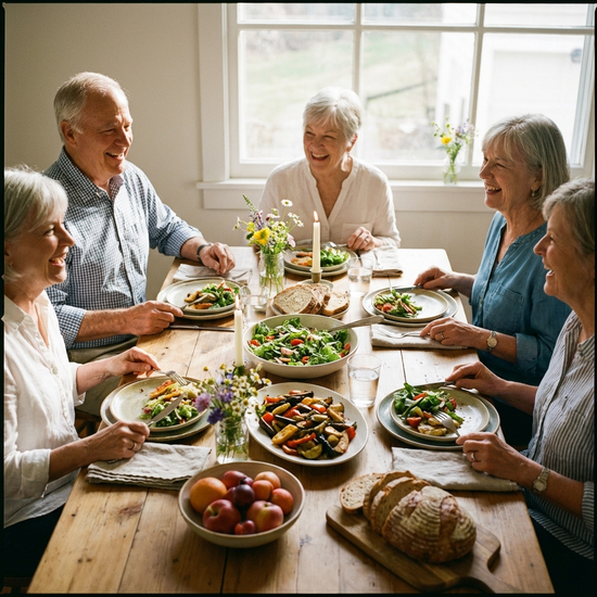 Ein gemütliches gemeinsames Mittagessen von Senioren an einem liebevoll gedeckten Tisch. Frisches, gesundes Essen, lachende Gesichter, helle und einladende Atmosphäre, realistisch, keine Schriften.