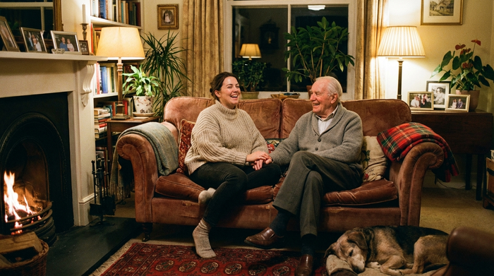Eine erwachsene Tochter und ihr älterer Vater sitzen entspannt auf einem Sofa zu Hause und lächeln sich an. Harmonische Familienzeit am Abend, warme und gemütliche Wohnzimmeratmosphäre, realistisch, ohne Text.