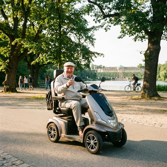 Ein rüstiger Senior fährt an einem sonnigen Tag mit einem modernen Elektromobil durch einen grünen Park in Potsdam. Glücklicher Gesichtsausdruck, aktive Mobilität im Alter, realistisch, keine Texte.